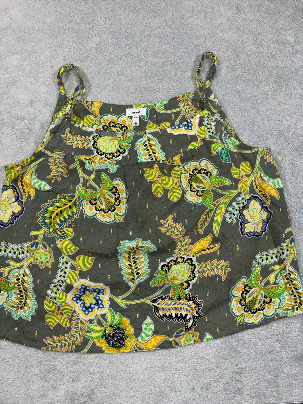 Aerie Green Floral Paisley Cami Tank Top Metallic Lurex Boho Medium